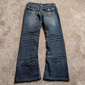 LA IDOL "HONEY COMB" RHINESTONE BUTTON FLAP LOW RISE BOOTCUT DENIM